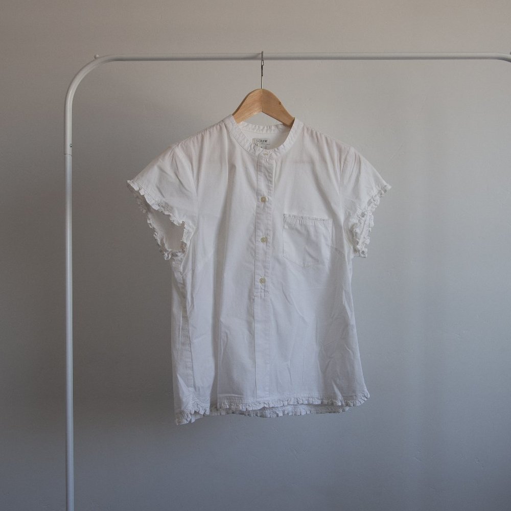 White Cotton J Crew Ruffle Button Down Blouse